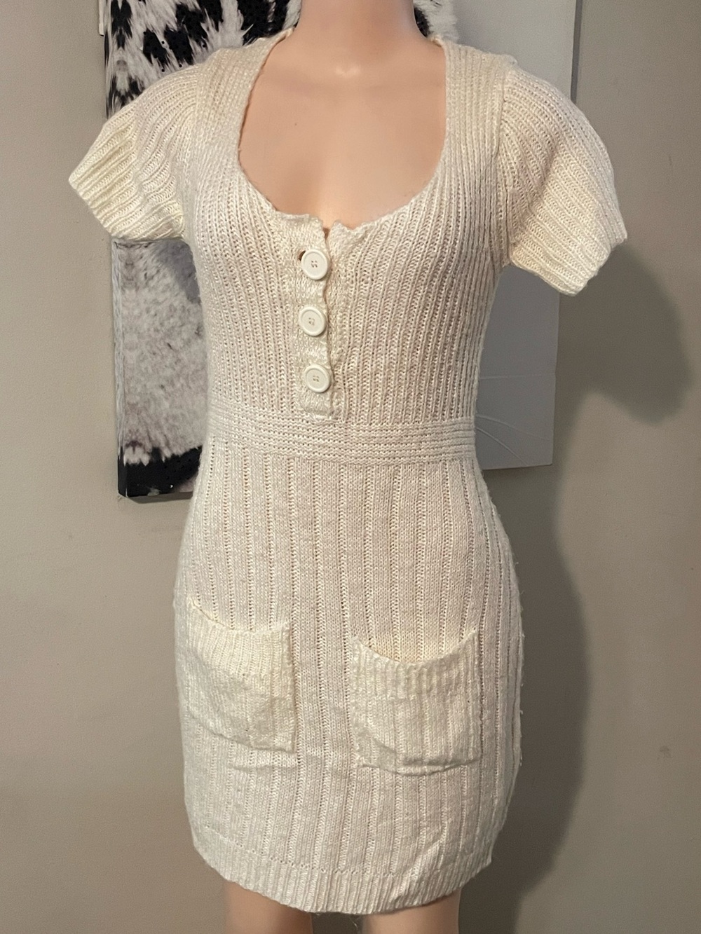 Vintage Derek Heart cream knit sweater babydoll mini dress 90s Y2K era vintage